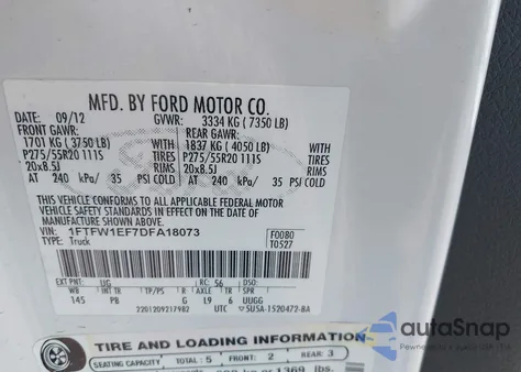 2013 Ford F-150 Platinum из США, поврежденный, VIN 1FTFW1EF7DFA18073